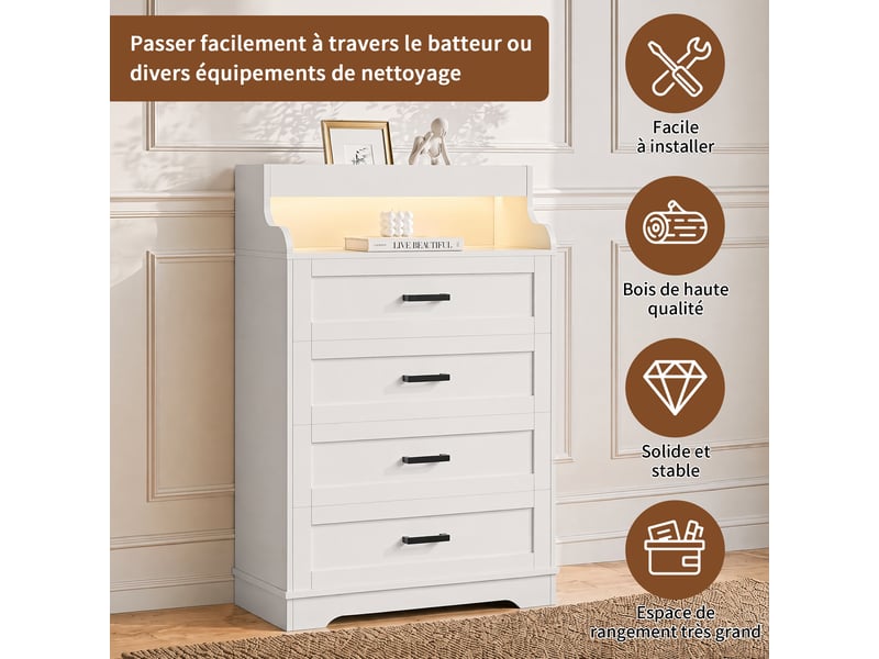  Commode  73 x 39.5 x 114 cm - chiffonnier 4 tiroirs avec éclairage led rgb et niches – mdf - blanc  - Conforama B