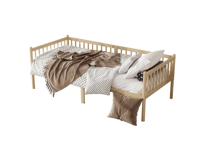  Lit banquette enfant 90x200 cm en pin naturel avec barrières sur 3 côtés  - Conforama A