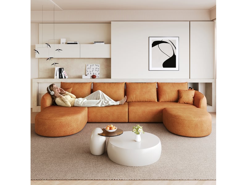 Canapé panoramique en u 5 places modulaire sans montage, mousse haute élasticité en chenille orange, 336 × 168 × 85 cm - Conforama E