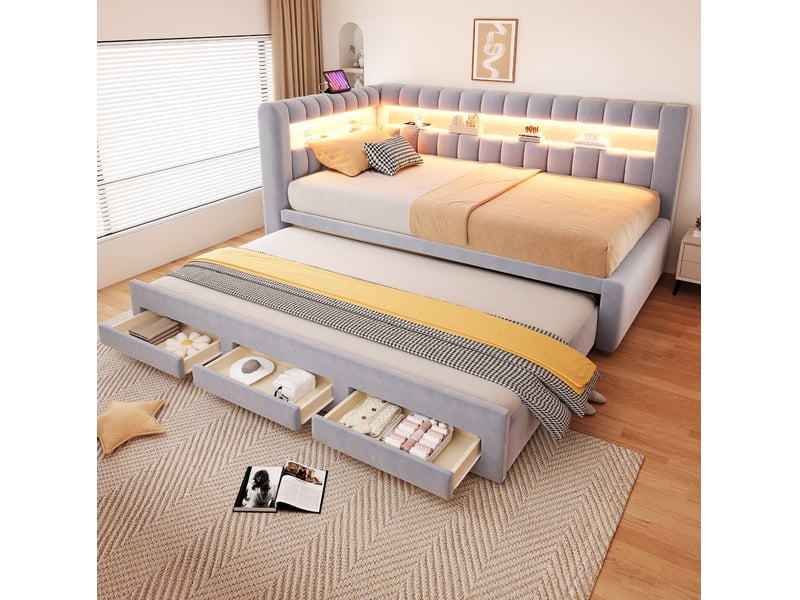  Lit gigogne 90x190 cm en velours gris clair avec led, usb et rangements, sans matelas  - Conforama B