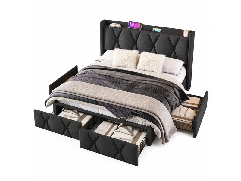  Lit 2 places 160x200 cm, sans matelas, lin gris, port usb, sommier à lattes, tête de lit, doté de 4 tiroirs  - Conforama A