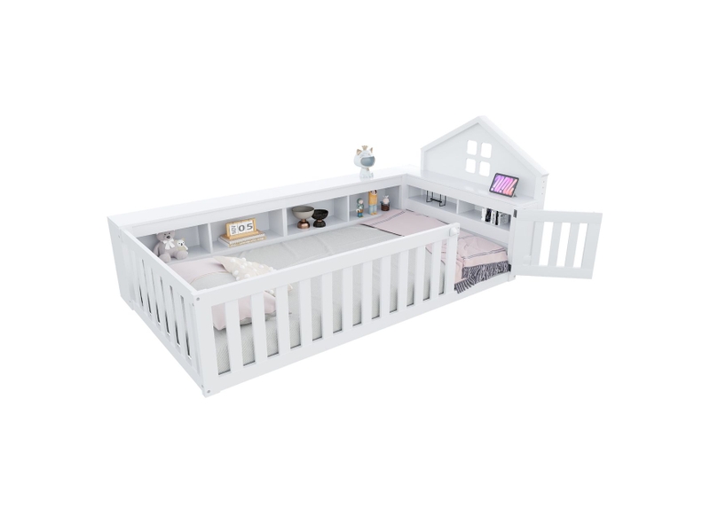  Lit cabane enfant 90x200, garde-corps haut sécurité renforcée lit enfant, structure bois massif, rangement intégré, design ludique  - Conforama A