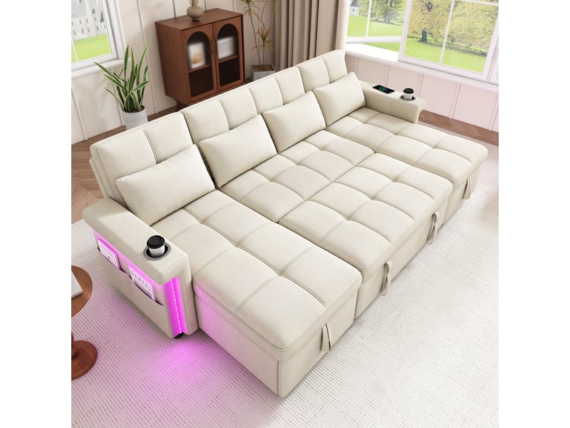  Canapé d'angle convertible 4 places  - led, rangement, 268.5 × 141.5 × 90 cm, chenille - beige  - Conforama B