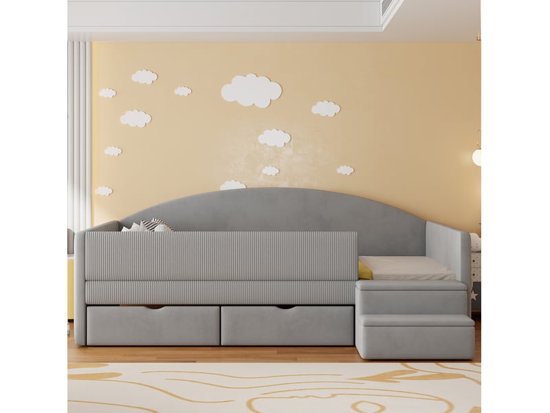  Modenvie lit enfant capitonné 90x190 cm - avec 2 tiroirs, marches antiderapantes, sans matelas - gris  - Conforama D