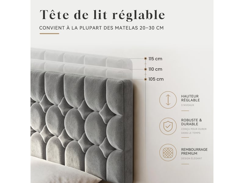  Lit 1 personne 90x200 cm, 32 cm d'espace de rangement sous le lit, cadre de lit rembourré avec sommier à lattes métalliques, gris  - Conforama B