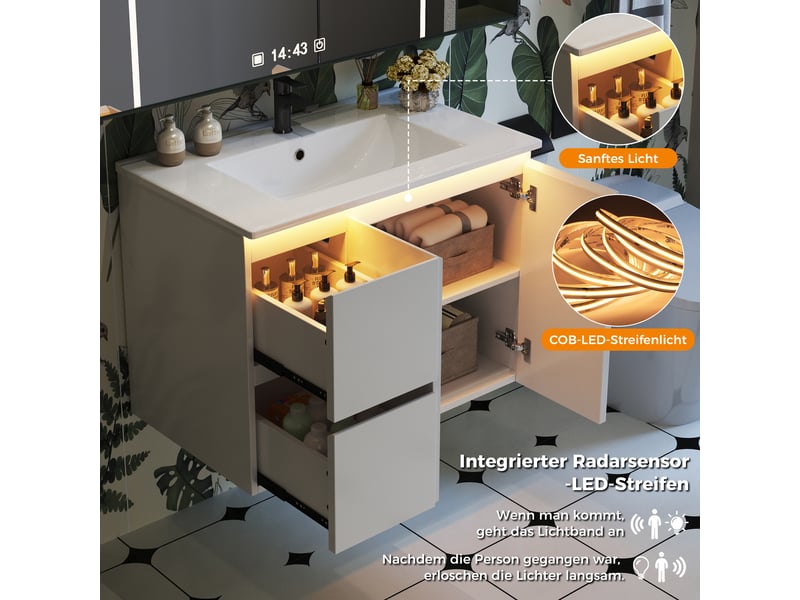  Meuble sous-vasque suspendu avec vasque led 2 tiroirs 2 portes blanc 76x47x57 cm  - Conforama E