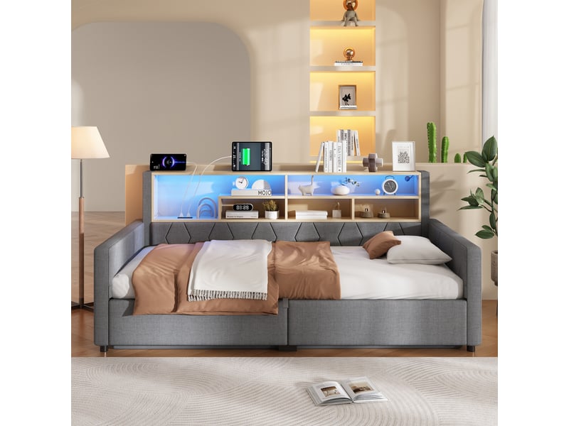  Lit coffre banquette 90 × 200 cm, rangement hydraulique, étagère, led, usb-a et usb-c, tissu gris, tête rembourrée  - Conforama D