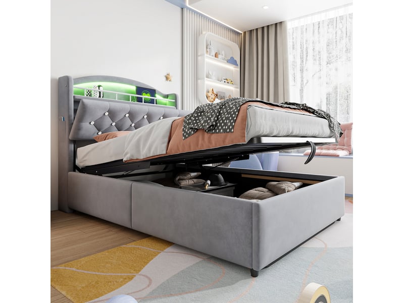  Lit enfant 90 x 200 cm avec rangement, led, usb et tête de lit rembourrée gris  - Conforama E