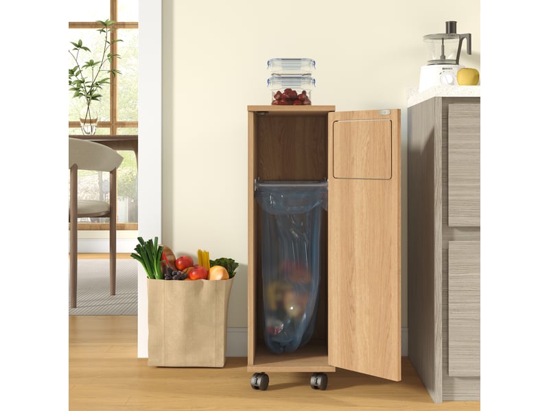 Buffet de cuisine - 24,2x35,1x80,2 cm - meuble poubelle roulant avec 1 porte et support sac poubelle - naturel - Conforama D