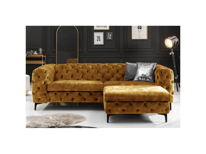 Canapé + pouf velena jaune moutarde capitonné – ensemble baroque en velours avec pieds métal noirs - Conforama B