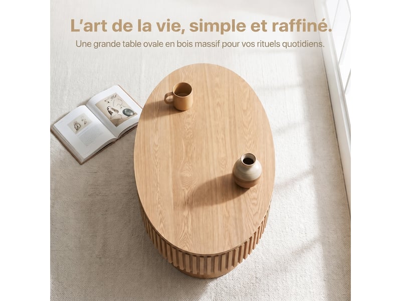  Table basse ovale cannelée muvano placage bois massif finition bois naturel avec rangement 98 x 60 x 35 cm  - Conforama B
