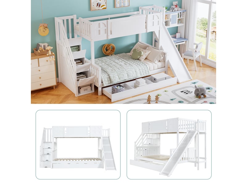  Lit superposé 90x200+140x200cm avec tiroirs, toboggan, barrière et sommiers, pin+mdf, blanc, sans matelas  - Conforama C