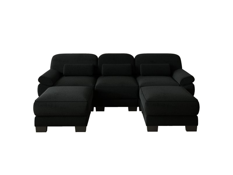 Canapé modulable en u 3 places 265x 161x 94 cm, 2 poufs, assise profonde, coussins lombaires, velours côtelé, noir - Conforama A