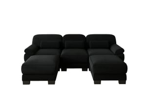 Canapé modulable en u 3 places 265x 161x 94 cm, 2 poufs, assise profonde, coussins lombaires, velours côtelé, noir
