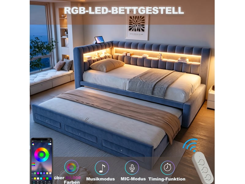  Lit gigogne modenvie 90 x 190 cm en velours gris foncé avec led, usb et rangement  - Conforama E
