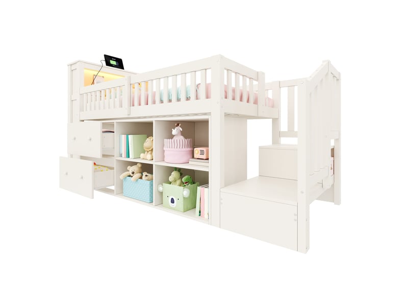  Lit mezzanine 90x200 cm avec led, rangements et tiroirs, coloris blanc  - Conforama A