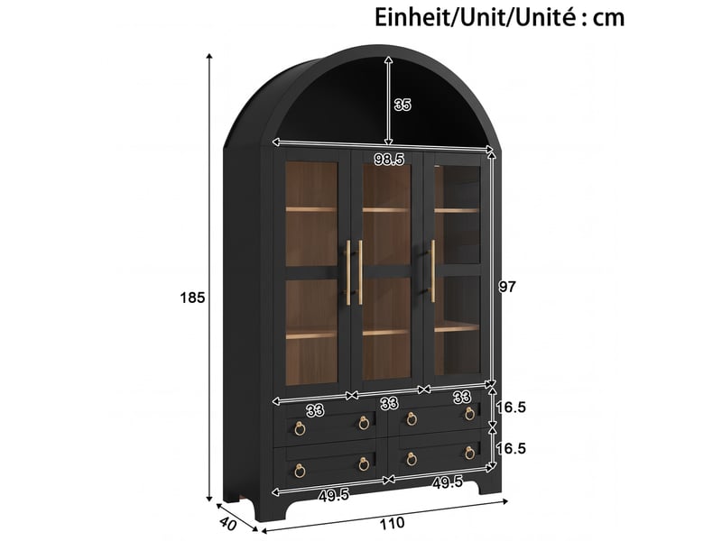  Buffet haut 110x40x185 cm avec 3 portes vitrées et 4 tiroirs noir  - Conforama C