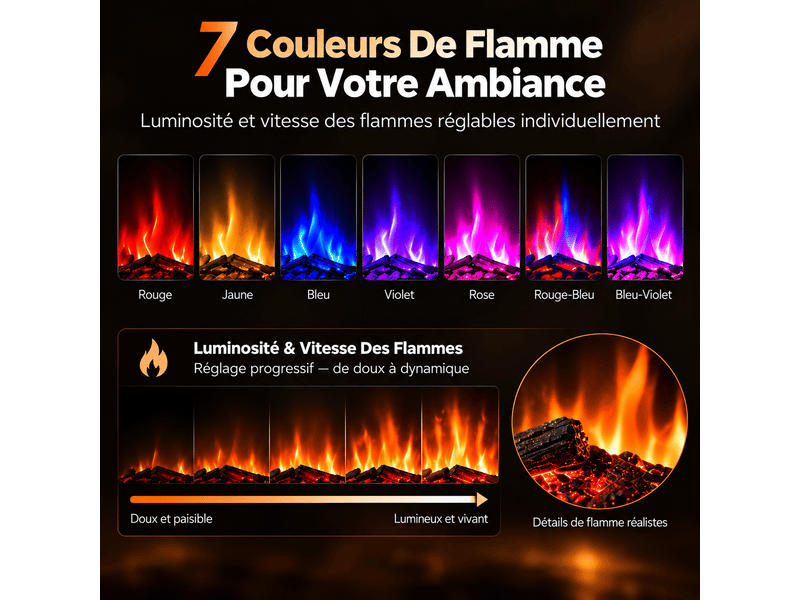  Homavo cheminée électrique 18 pouces grise avec meuble cheminée, 900 w1800 w avec 2 niveaux de chauffe, flammes 3d à 7 couleurs, télécommande + commandes sur panneau, minuterie 1–8 h, avec espace de rangement  - Conforama D