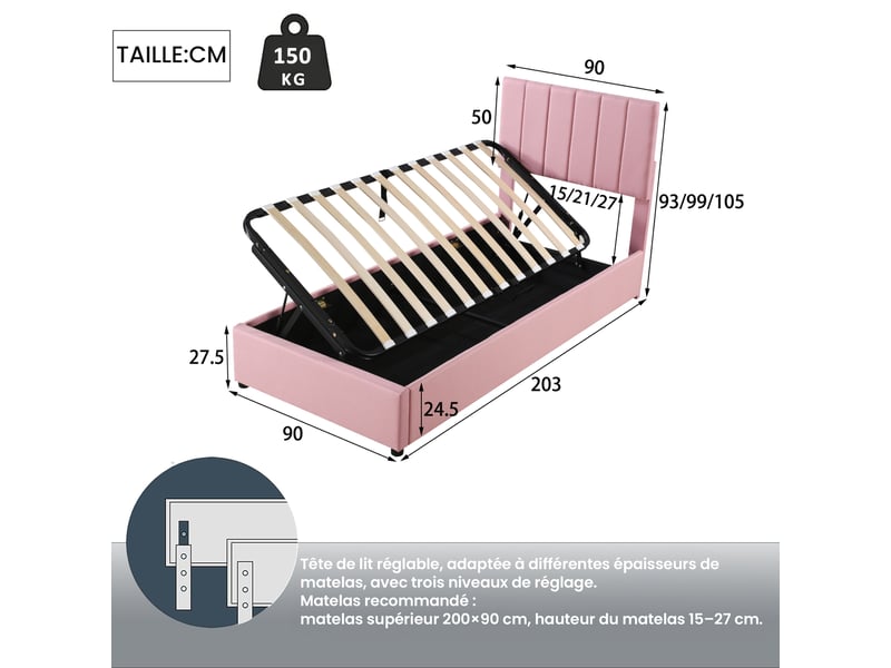  Lit coffre enfant, lit simple avec rangement hydraulique et tête réglable, 200x90 cm, sans matelas, rose  - Conforama D