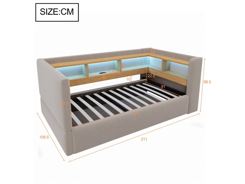  Canapé-lit 90x190 cm, lit enfant, couchage d'appoint, rangement hydraulique, gris foncé, led  - Conforama W