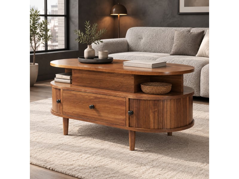  Table basse ovale relevable 105 x 50 cm, mdf, rangement et tiroir, noyer  - Conforama B