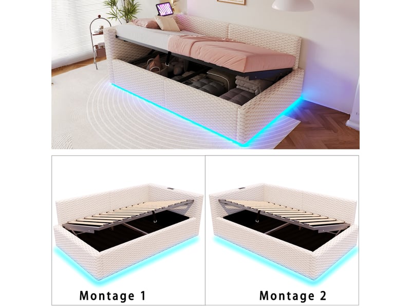  Lit coffre simple 90×200 cm avec led, 2 usb et type-c - okmyhome- rangement hydraulique, velours beige, sans matelas  - Conforama E