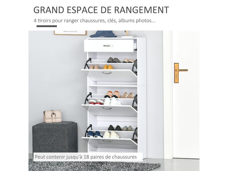  Meuble à chaussures - 3 portes abattantes et tiroir coulissant - dim. 62l x 24l x 135h cm blanc  - Conforama E