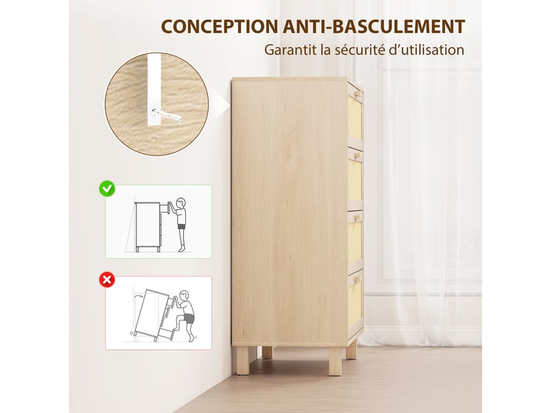  Commode 4 tiroirs cannage en rotin dim. 80l x 40l x 103h cm mdf aspect clair bois  - Conforama R