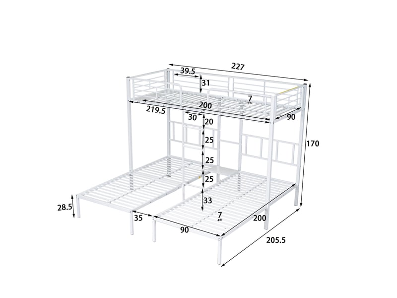  Lit superposé triple 90x200 cm, lit trio enfant et ado gain de place avec échelle et bureau, métal 3 couchages, blanc  - Conforama E