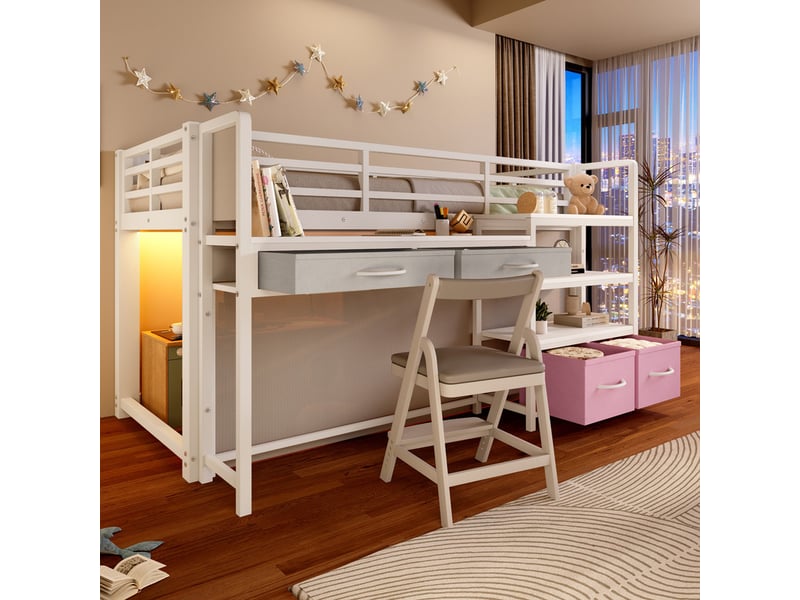 Lit mezzanine métal 90x200 cm - avec bureau et 4 tiroirs - étagères et éclairage led - barrières de sécurité - blanc(sans matelas)  - Conforama E