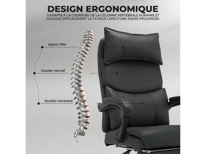  Chaise de bureau ergonomique noire avec double soutien lombaire réglable et repose-pieds, tissu technique  - Conforama R