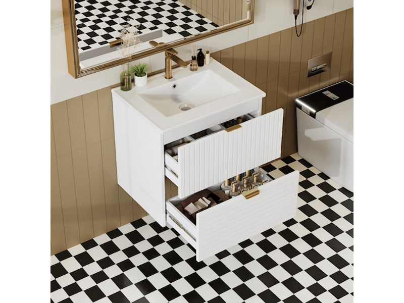  Meuble salle de bain suspendu meuble vasque blanc 61 cm mdf laqué avec 2 tiroirs silencieux  - Conforama C