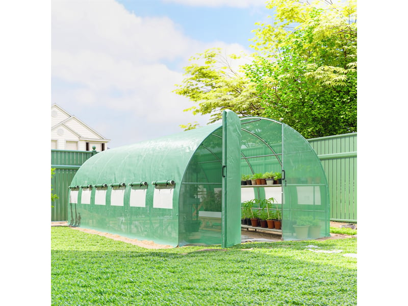  Serre tunnel de 6 x 3 x 2 m avec porte à charnières, 12 fenêtres grillagées et structure en acier galvanisé vert  - Conforama D