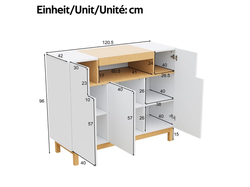  Buffet 120.5x42x96 cm 3 portes et niche ouverte en panneaux de particules blanc  - Conforama E
