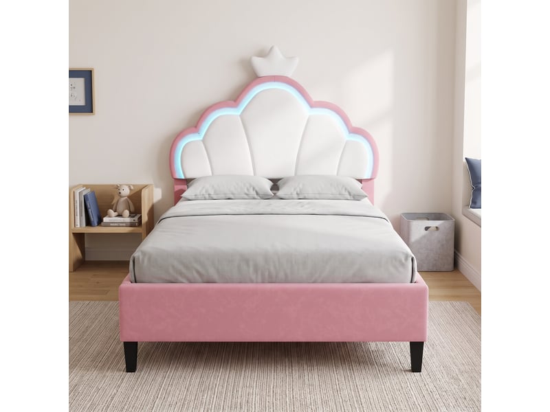  Lit enfantadolescent princesse avec tête de lit couronne &amp; led - 90x200 cm - rose &amp; velours blanc  - Conforama B