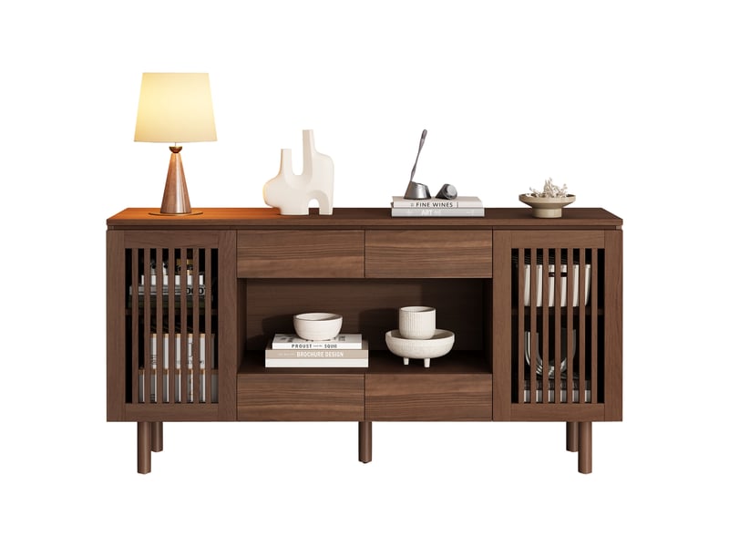  Buffet et enfilade avec 4 tiroirs et 2 portes à lamelles, 5 pieds en bois massif, mdf noyer, 140×35×71 cm  - Conforama A