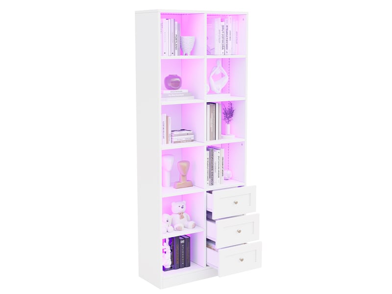  Vitrine led ouverte avec tiroirs et bandeaux rgb, bibliothèque et meuble pour figurines, rangement moderne pour bureau, salon ou chambre - blanc, format compact OPULERANE TRADING LTD - Conforama A