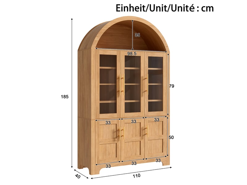 Buffet haut 110x40x185cm, 3 vitrines en verre, 3 compartiments fermés, étagères réglables, niche arrondie, mdf et panneaux de particules, naturel ABC - Conforama C