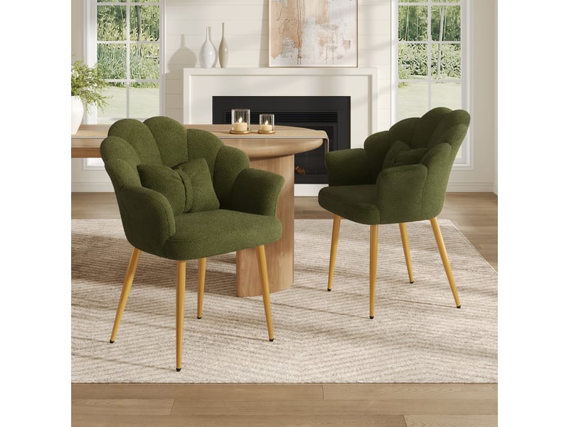 Lot de 2 fauteuils en tissu teddy avec accoudoirs et coussins fleur, pieds métalliques réglables vert - Conforama B