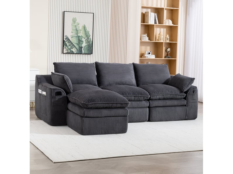  Canapé 3 places modulaire avec pouf en velours côtelé gris foncé  - Conforama C