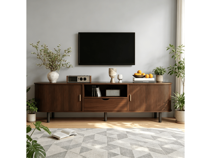  Meuble tv ovale bas en bois 175x40x55cm avec porte à rideau, tiroir, niches ouvertes, passe-câble, angles arrondis, mdf,noyer BUYDEEMEUS - Conforama D