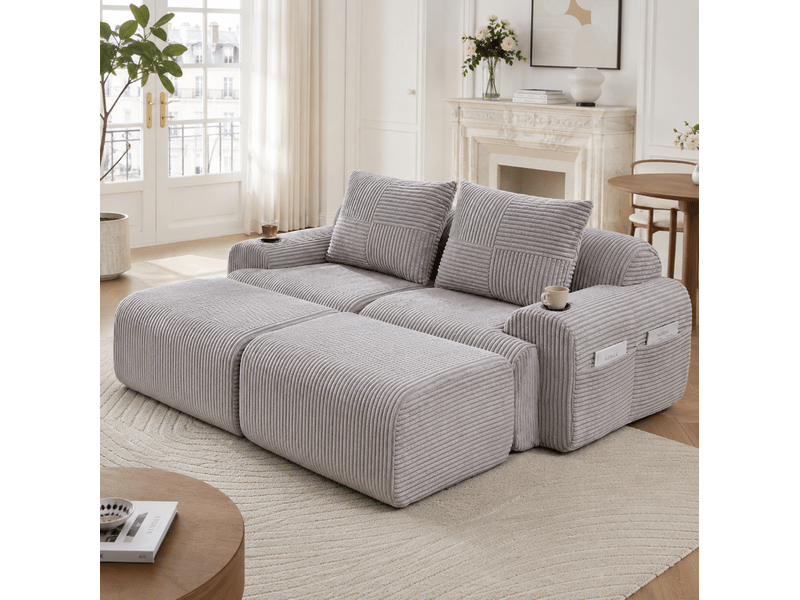  Canapé modulaire 2 places 200x174x80 cm, velours côtelé gris clair, 2 poufs, porte-gobelet incorporé, poche latérale  - Conforama D