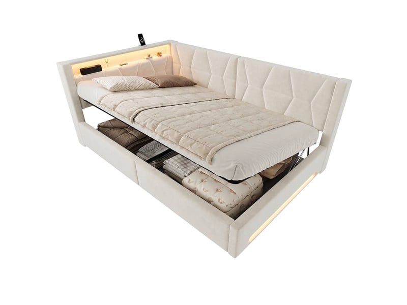  Lit coffre 140x200 velours beige avec led et usb, sommier à lattes et cadre métal sans matelas  - Conforama A