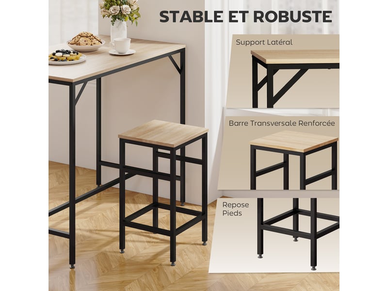  Ensemble table de bar industriel + 4 tabourets cadre en métal noir repose-pieds en bois couleur chêne clair  - Conforama E