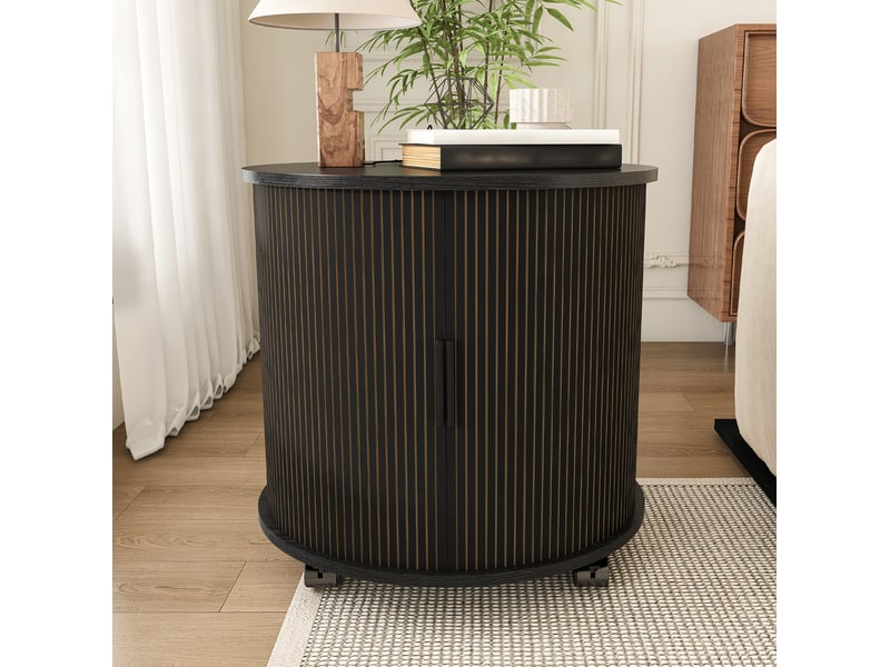  Table basse ronde avec porte coulissante, 2 niches, prise et 2 ports usb sur roulettes, en mdf noir, pour chambre  - Conforama E