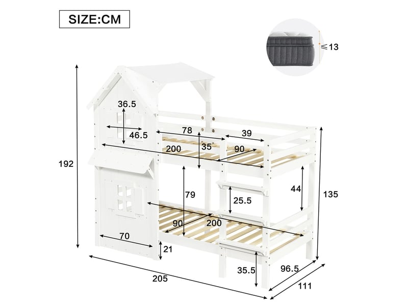  Lit superposé enfant 90x200, sécurité garde-corps lit cabane, échelle sécurisée, sommier bois  - Conforama C