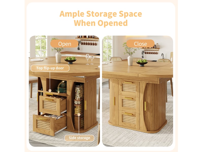  Table à manger extensible 118158 x 118 cm – naturel – mdf et métal – rangements intégrés, style bois  - Conforama E