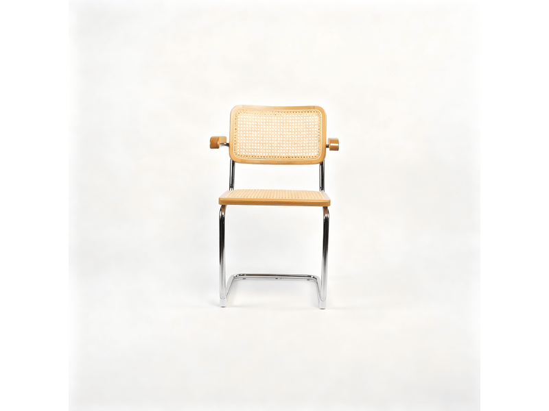 Lot de deux chaises de salle à manger, chaises en bois avec dossier en rotin et pieds chromés, style « brewer » du milieu du siècle, marron - Conforama A