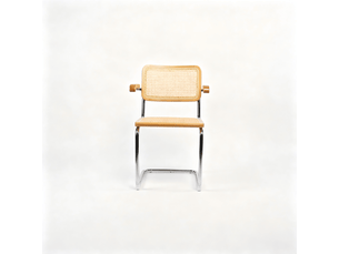 Lot de deux chaises de salle à manger, chaises en bois avec dossier en rotin et pieds chromés, style « brewer » du milieu du siècle, marron