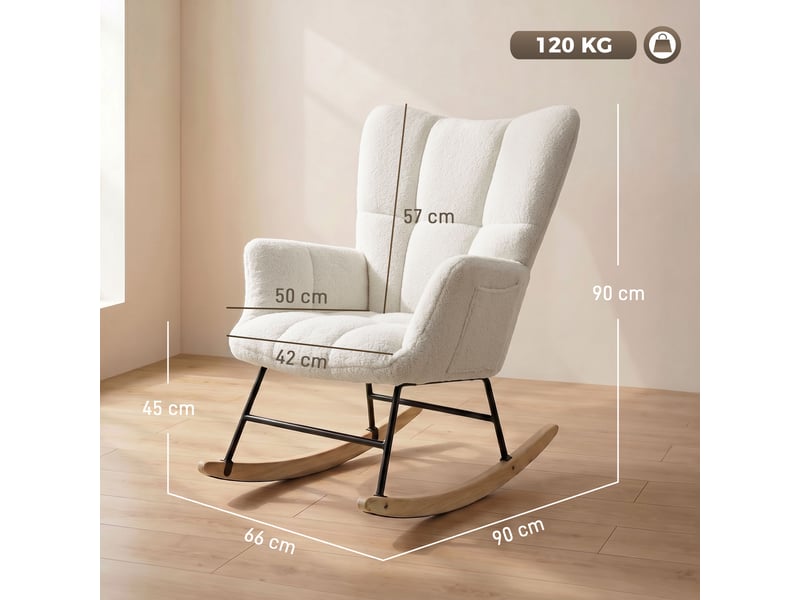  Fauteuil à bascule à dossier haut, recouvert de velours teddy couleur crème  - Conforama E